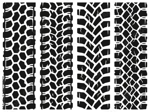 Distinct off-road vehicle tire track patterns: a robust collection of rugged block treads for heavy-duty traction across challenging terrain