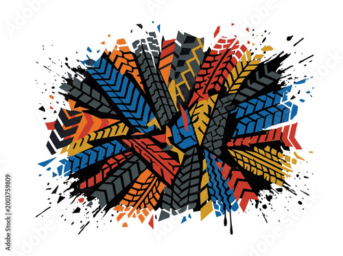 Dynamic Abstract Illustration of Colorful Tire Treads and Geometric Patterns Bursting with Energetic Ink Splatters