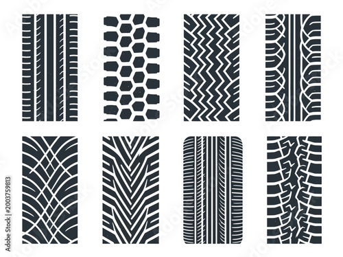 Collection of diverse classic vehicle tire tracks showing traditional tread patterns for various terrains and transportation needs, top view.