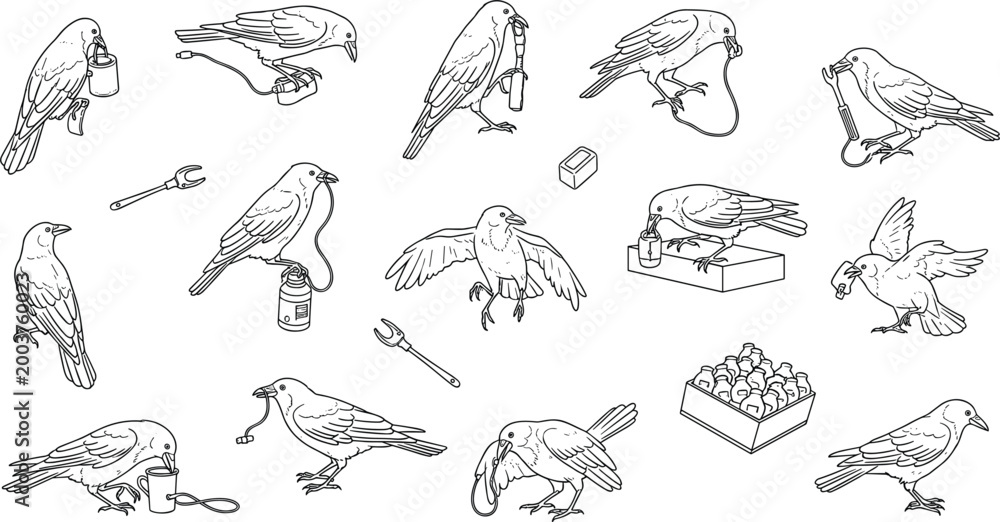 Obraz premium Crows interacting with objects set featuring birds using tools and urban items illustrated in detailed line art style for concept design