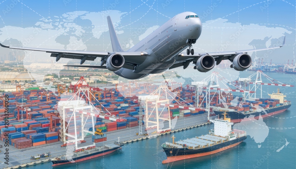 Fototapeta premium Global Logistics: An aerial view of an airplane soaring above a bustling port, showcasing the seamless synergy of air and sea transport, representing worldwide cargo.