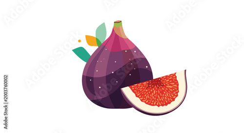 Ripe purple fig with a vibrant red center cut into a wedge shown against a plain white background in a stylized illustration.