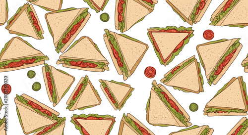 Appetizing seamless pattern featuring many triangle-cut sandwiches with lettuce and tomato, plus sliced olives and cherry tomatoes.