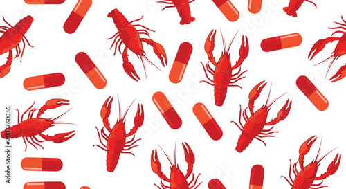 Unusual seamless pattern combining realistic red crawfish with medicinal capsules in red and orange on a plain white background.