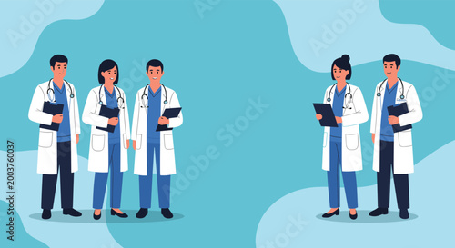 Two separate groups of professional healthcare workers in medical scrubs and white coats standing on a blue wavy background.