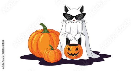 Cool white cat dressed in a ghost costume wearing sunglasses and holding a pumpkin treat bucket for Halloween celebration.
