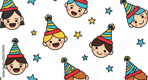 Joyful seamless pattern featuring diverse children's faces wearing colorful party hats among twinkling blue and yellow stars.