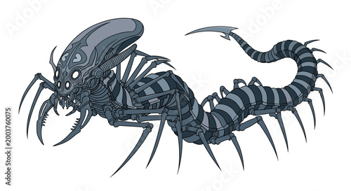 Bizarre sci-fi creature resembling a long centipede with an alien-like head and numerous spindly legs in a monochromatic style.