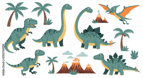Collection of cute cartoon dinosaurs including brontosaurus and tyrannosaurus rex with volcanoes and tropical palm trees.