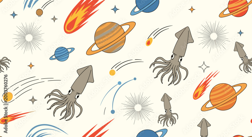 Obraz premium Whimsical space seamless pattern featuring planets, comets, stars, and giant squids floating in a galaxy with a light cream background.