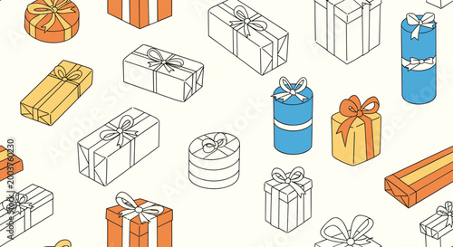 Festive seamless pattern showing various wrapped gift boxes with ribbons and bows in blue, orange, and yellow on cream.