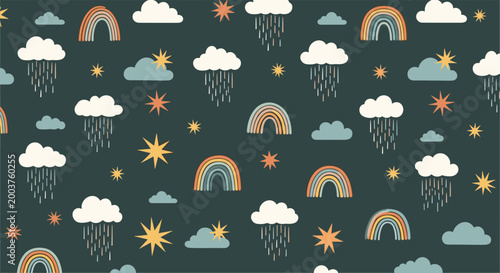 Dreamy nursery seamless pattern with colorful rainbows, rainy clouds, and bright stars on a dark night sky background.
