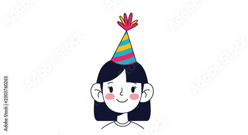 Cute illustrated portrait of a young girl wearing a colorful striped party hat with a festive topper on a plain white background.