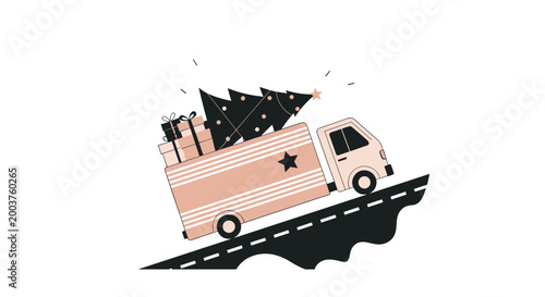 Festive illustration of a delivery truck carrying a large Christmas tree and gift boxes up a hill for holiday season celebrations.