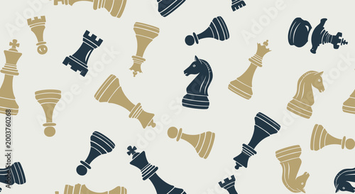 Strategic chess piece seamless pattern with kings, queens, knights, and pawns in tan and dark blue colors over a light gray background.