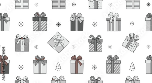 Elegant winter seamless pattern featuring gray and white gift boxes with bows interspersed with delicate snowflake and tree icons.