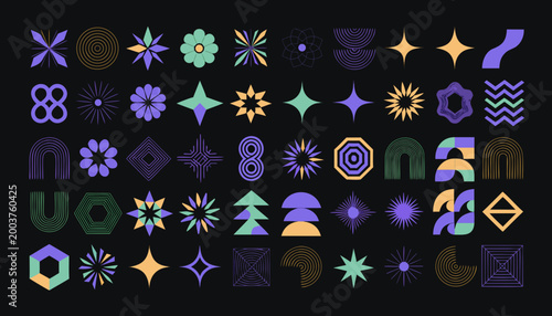 A compact grid of colorful geometric motifs set against a black background stars, flowers, circles, hexagons, diamonds, arches, and layered polygons arranged in repeating, symmetrical patterns.