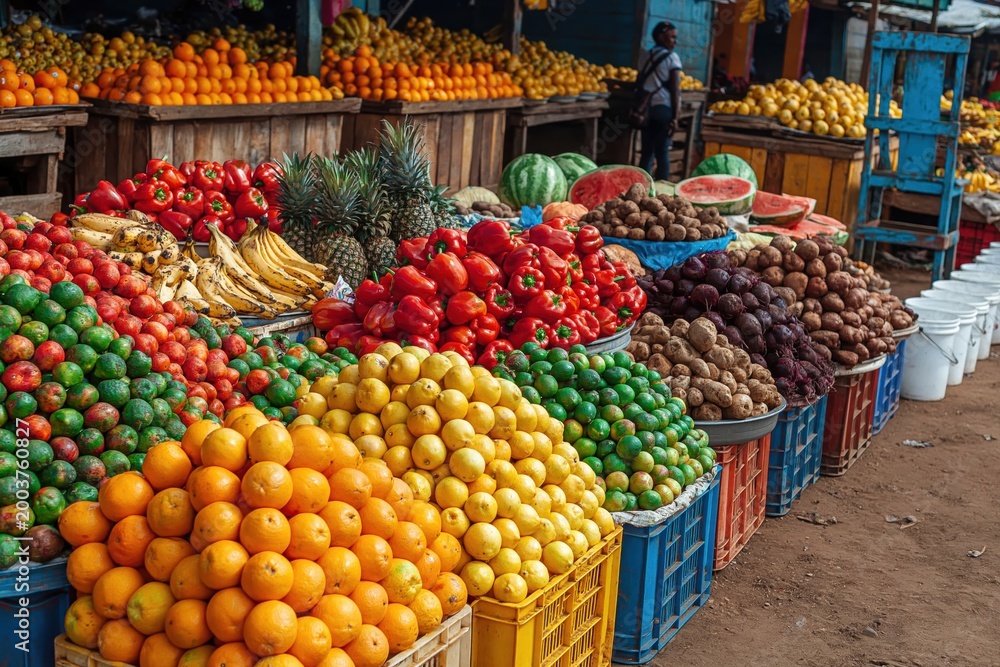 Obraz premium Fresh tropical fruit and vegetable stalls at an African outdoor market