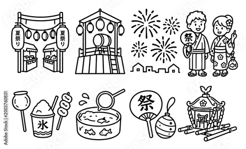 夏祭りアイコンセット Japanese Summer Festival Icons | vector｜盆踊り・花火・屋台・縁日ベクター・線画
