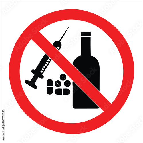 No or alcohol sign with syringe bottle and pills no alcohol prohibition sign red circle white background