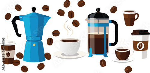 Coffee preparation set with moka pot french press and cups, vector illustration of hot drinks and coffee beans for cafe menu design isolated background