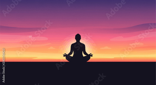 Person meditates in lotus position at serene sunset with vibrant purple pink and orange hues