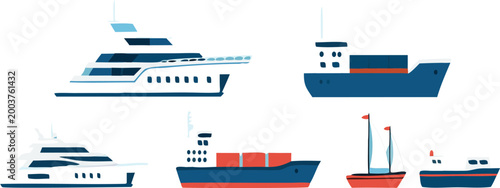 Collection of boats and ships in flat vector style, maritime transport illustration set including yacht cargo ship sailboat and motorboat isolated on light background