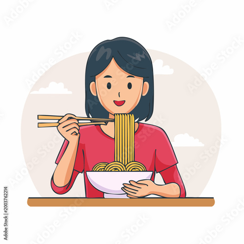Woman Eating Noodles with Chopsticks