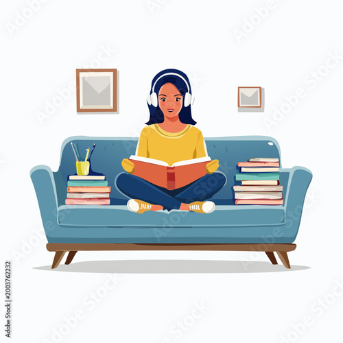 Woman Reading Book with Headphones on Sofa