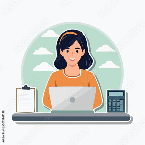 Woman Working on Laptop with Calculator and Clipboard