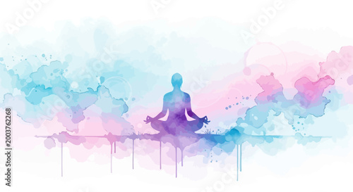 Serene person meditates cross legged in lotus position with hands on knees against soft pastel watercolor background with blue and pink hues