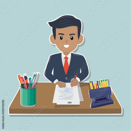 Businessman working at desk with office supplies