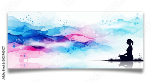 Woman meditates in serene landscape with colorful watercolor mountains and sky