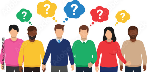 Diverse people with question marks speech bubbles, confusion and thinking concept vector illustration set representing decision making and problem solving isolated background