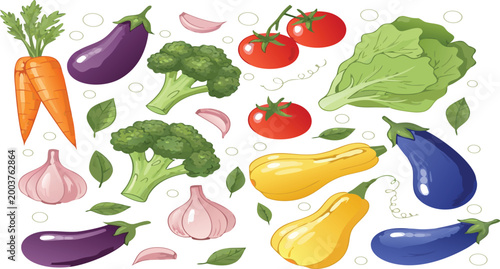 Fresh vegetables collection with broccoli eggplant carrots tomatoes and garlic, colorful vector illustration set of healthy organic food