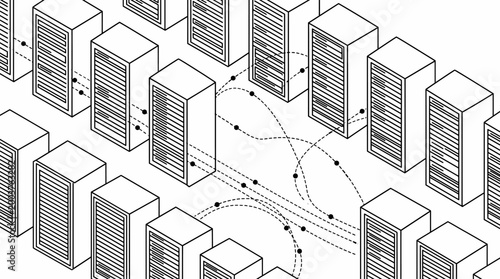Isometric data center server racks with digital connection lines. Minimalist black and white line art representing cloud computing, big data, and networking infrastructure.