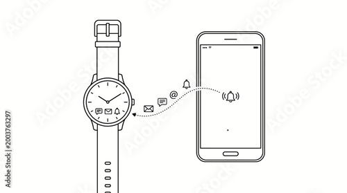 Minimalist line art of a smartwatch syncing with a smartphone. Illustrating seamless data transfer for notifications like mail, messages, and alerts between wearable technology and mobile devices.