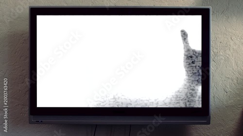 Suspenseful Scene Of Ghostly TV Broadcast. Eerie Silhouette Appearing On Flickering Television Screen . Media