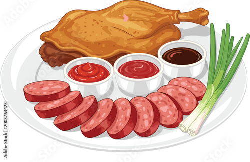 Roasted chicken leg with sliced sausage, dipping sauces and fresh green onions on plate, delicious grilled meat platter isolated illustration for food menu design,
