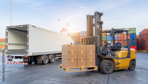 Logistics Hub: A bustling logistics hub showcasing the intricate dance of transport and commerce, with a forklift deftly maneuvering pallets of goods beside a semi-truck, readying for distribution.