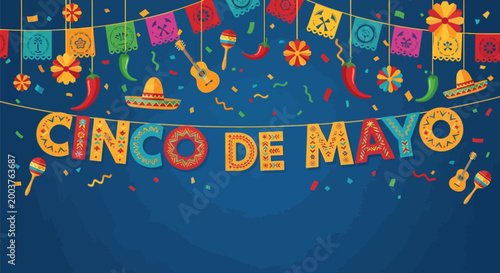 Vibrant cinco de mayo celebration banner with colorful decorations and traditional mexican symbols on blue background