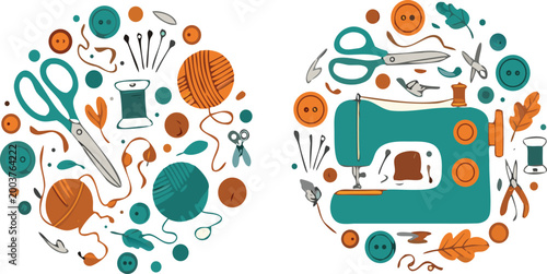 Sewing tools and accessories collection with sewing machine threads scissors and buttons, creative vector illustration set for tailoring and handmade craft design