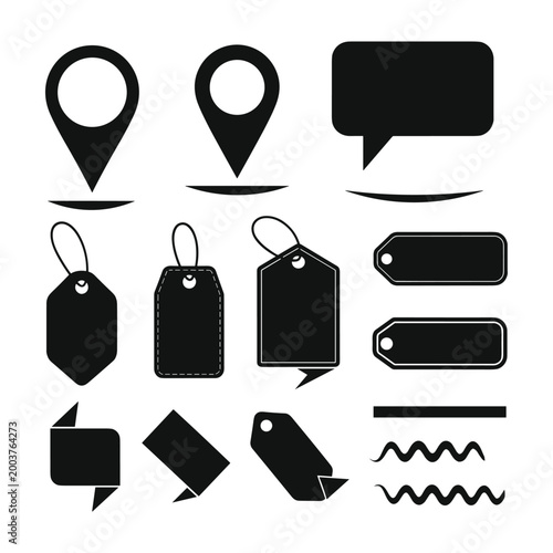 Black and white of location pins speech bubbles and tags