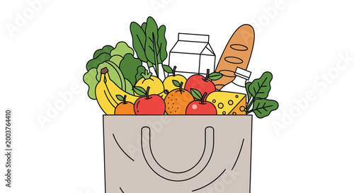 Grocery bag filled with fresh fruits, vegetables, bread, milk, and cheese