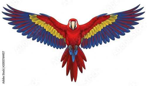Tableau sur toile Flying scarlet macaw parrot wings spread realistic vector illustration colorful