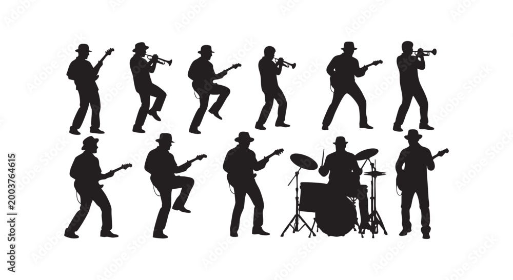 Obraz premium Collection of various jazz musicians silhouettes playing guitar and trumpet with drums isolated on white background.