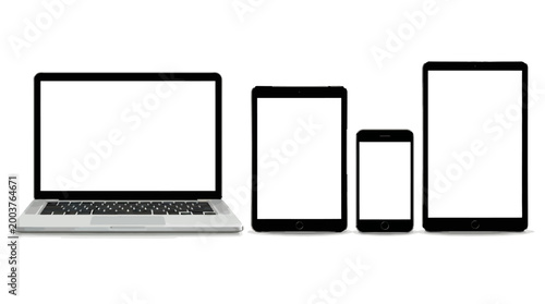 Set realistic laptop tablets and smartphone blank screen 3d illustration