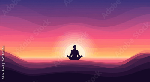 Person meditating in lotus position at serene sunset with vibrant purple pink and orange hues peaceful atmosphere silhouette against glowing sun