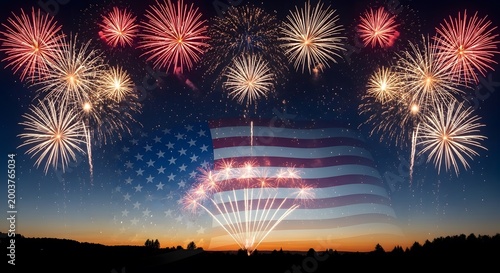vibrant 4th of july fireworks display over american flag at dusk with colorful explosions