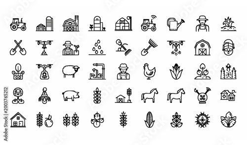 Farm agriculture outline icon set with tractor crops livestock smart farming and gardening symbols